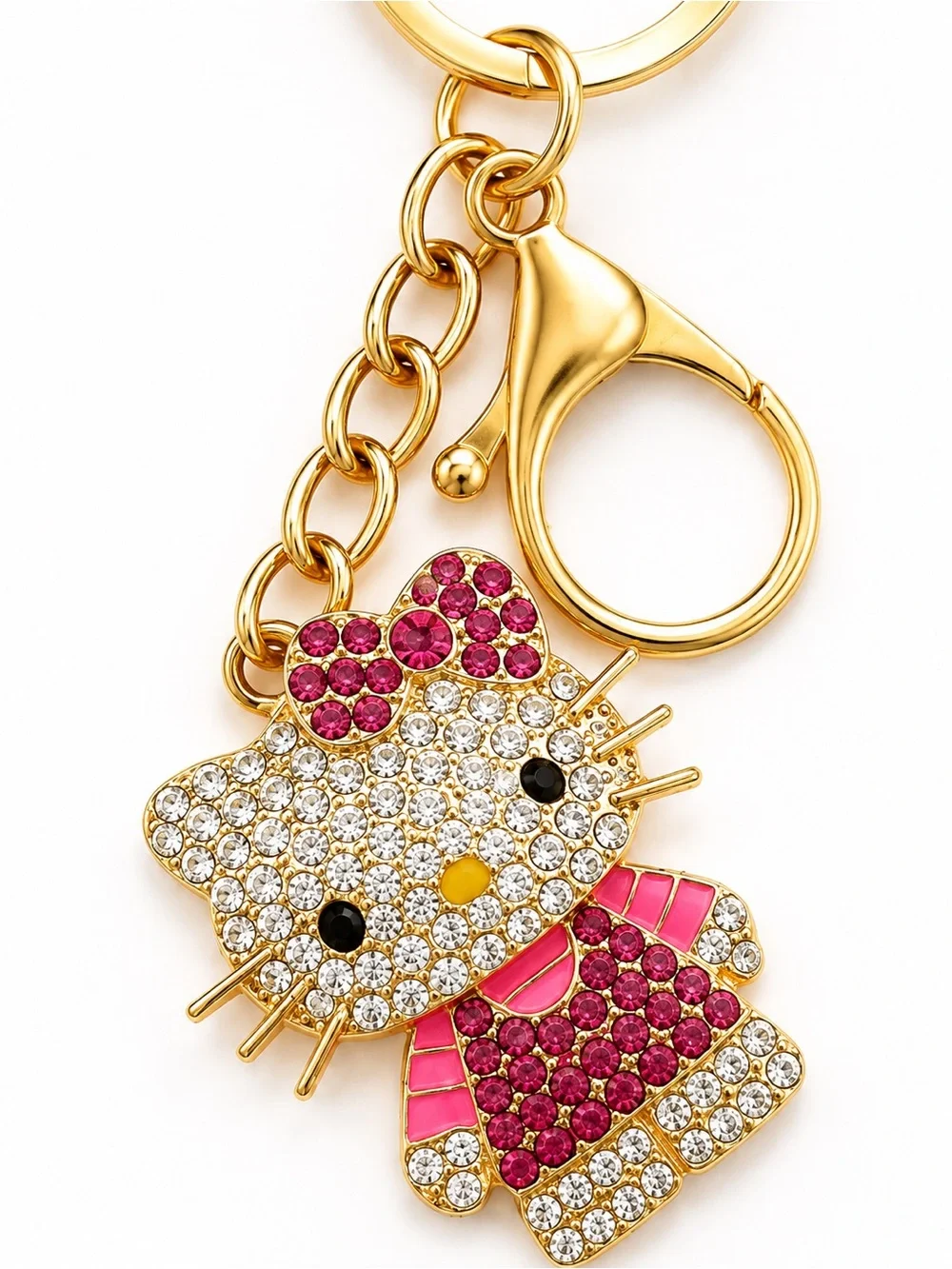 Hello Kitty Style Rhinestone Keychain Pink Bow Gold Bag Charm Kawaii Coquette